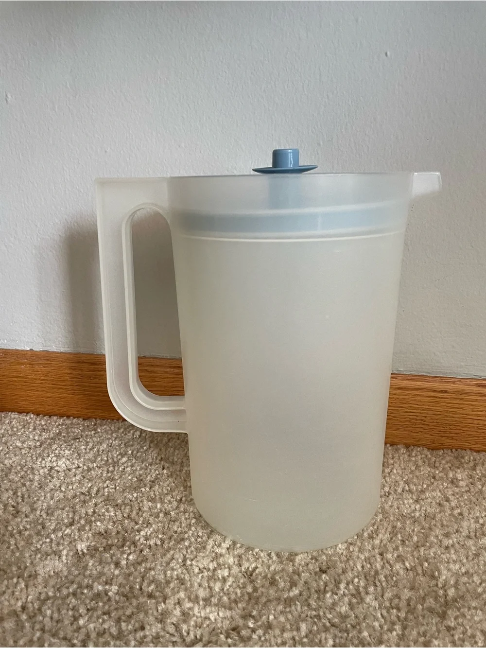 Tupperware Frosted White Pitcher with Blue Lid